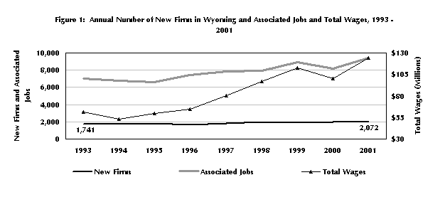 Figure 1:  Annual Number of New Firms in Wyoming and Associated Jobs 
and Total Wages, 1993 - 2001