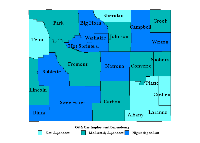Map:  Counties in Wyoming by Dependency on Oil & Gas Employment