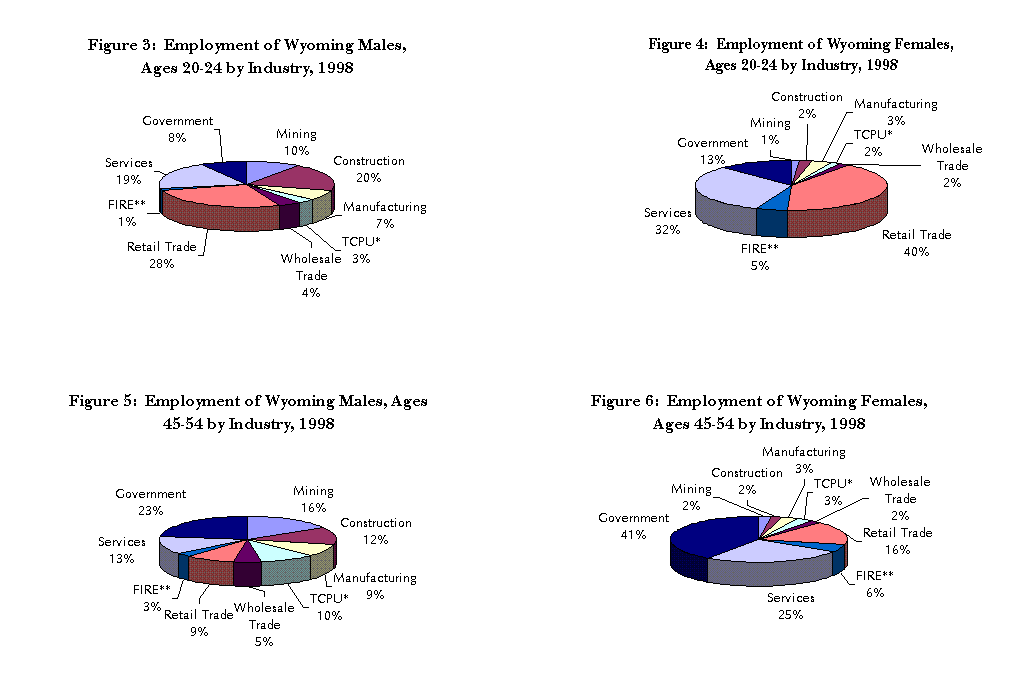 Figures 3-6:  Employment of Wyoming Males and Females, Ages 20-24 and 45-54 by Industry, 1998