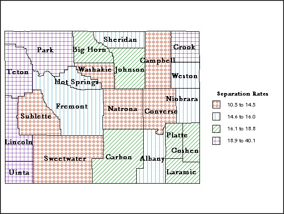 Map: Wyoming Separation Rates by County in 1995