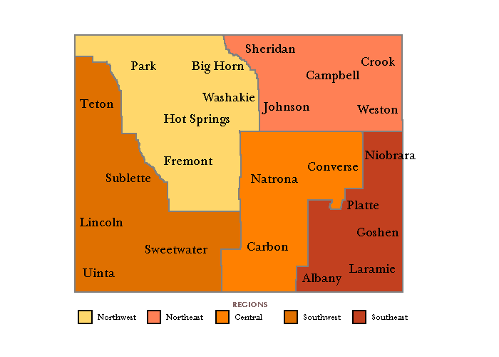 Map:  The Five ES-202 (Covered Employment and Wages) Regions of Wyoming