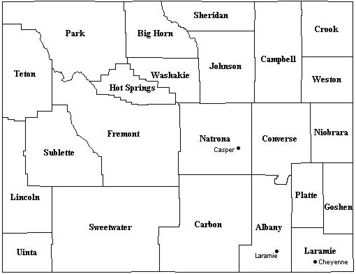 Map Of Wyoming S 23 Counties And 3 Largest Cities